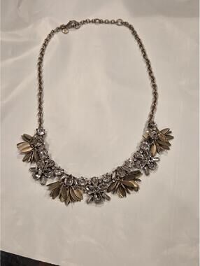 J.Crew Crystal Leaf Statement Necklace with Matte Gold Floral Leaf Charms and Rh